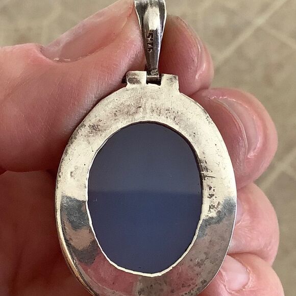 NWOT sterling SILVER 925 BLUE CHALCEDON OVAL LARGE PENDANT - Picture 7 of 9